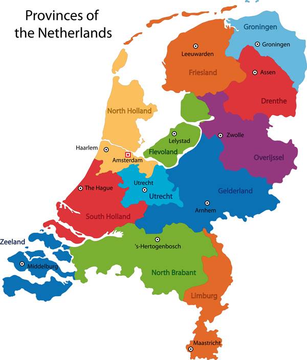 Colorful Netherlands map with regions an