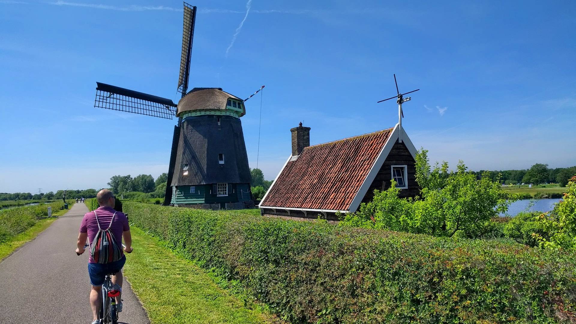 Cyclist passing a windmill Netherlands_H