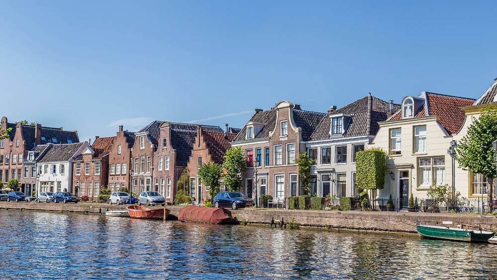 Typical Dutch view of town along river h